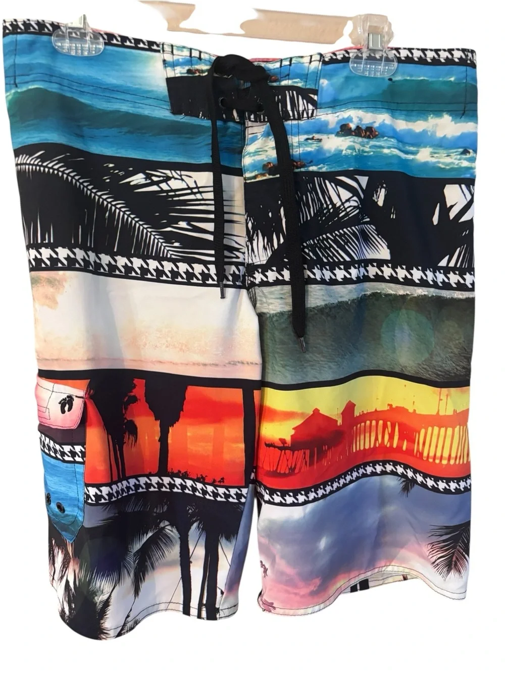 Hang Ten Board Shorts Mens Small MultiColor Tropical Print Mesh Lined  Tie Waist